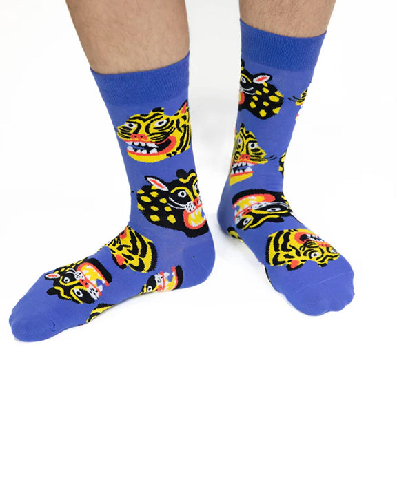Blue Multi - Men's Wild Cat Socks - Yellow Owl Workshop - Printfresh