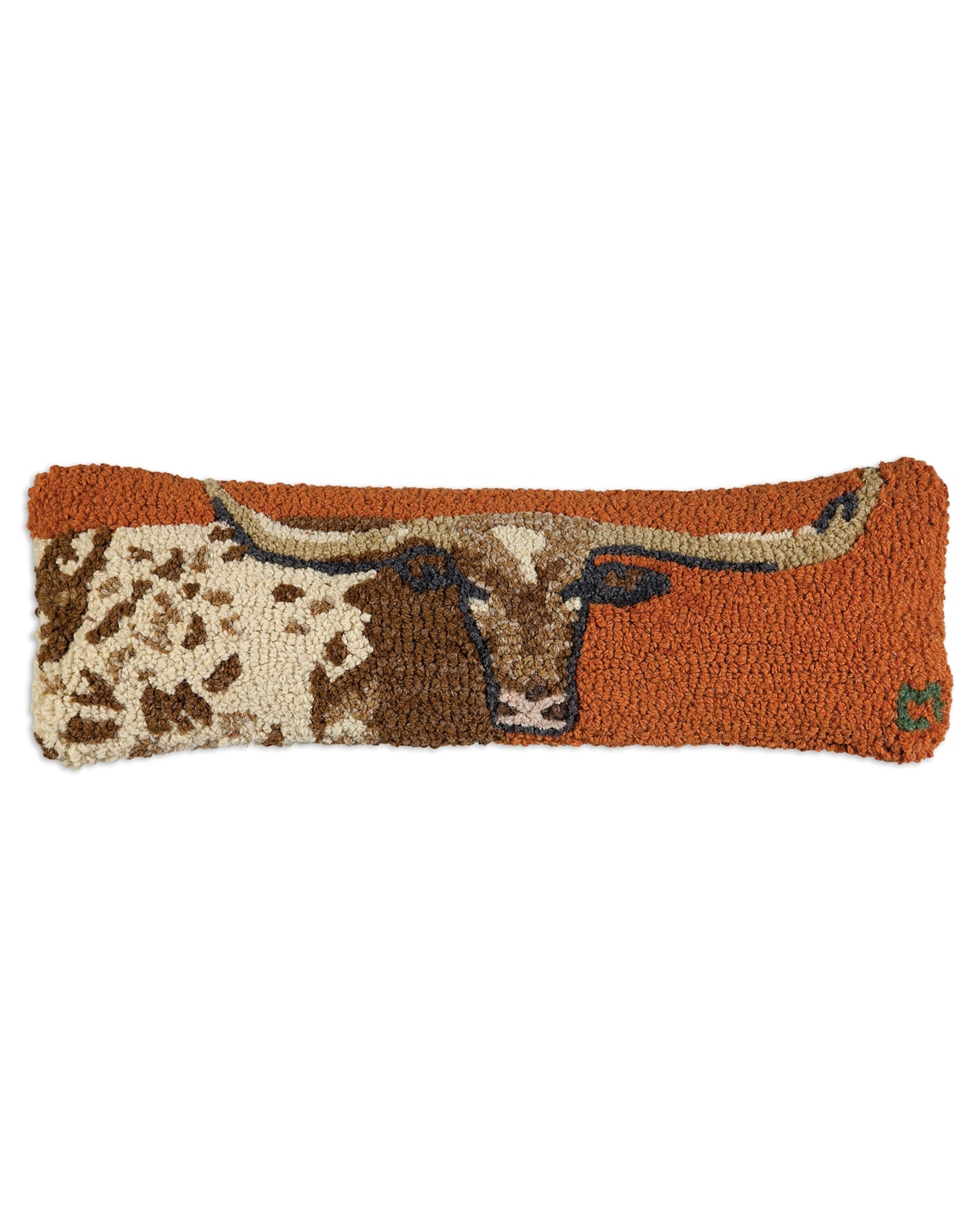 Longhorn-shaped pillow with a burnt orange, brown, and cream design.