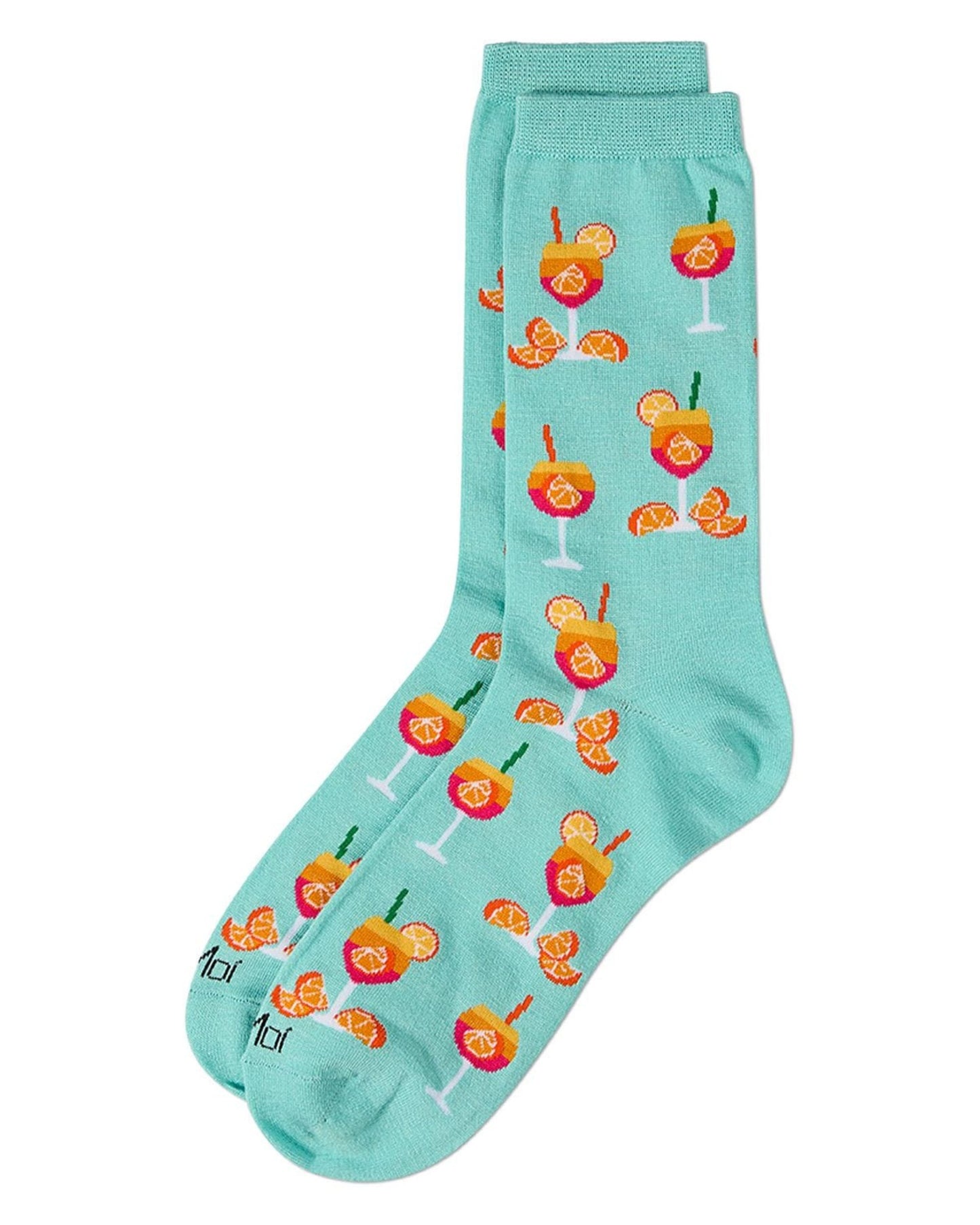 Pair of light blue crew socks displayed together, printed with colorful cocktail glasses, citrus slices, and citrus wedges.