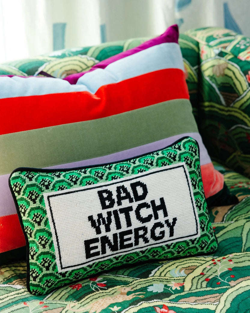 Furbish Studio - Bad Witch Energy Needlepoint Pillow - Green Combo