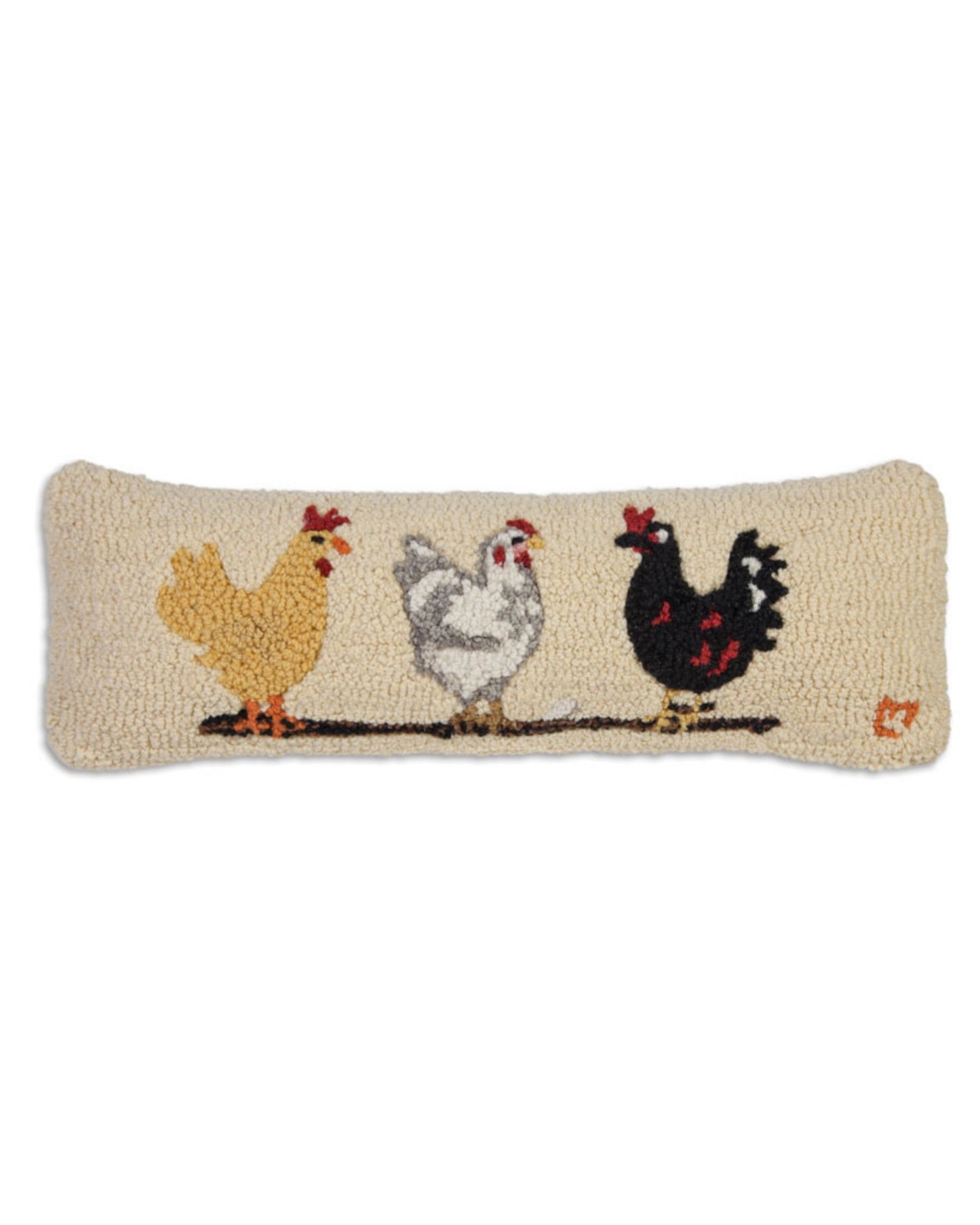Ivory rectangular pillow embroidered with three hens standing on a branch.