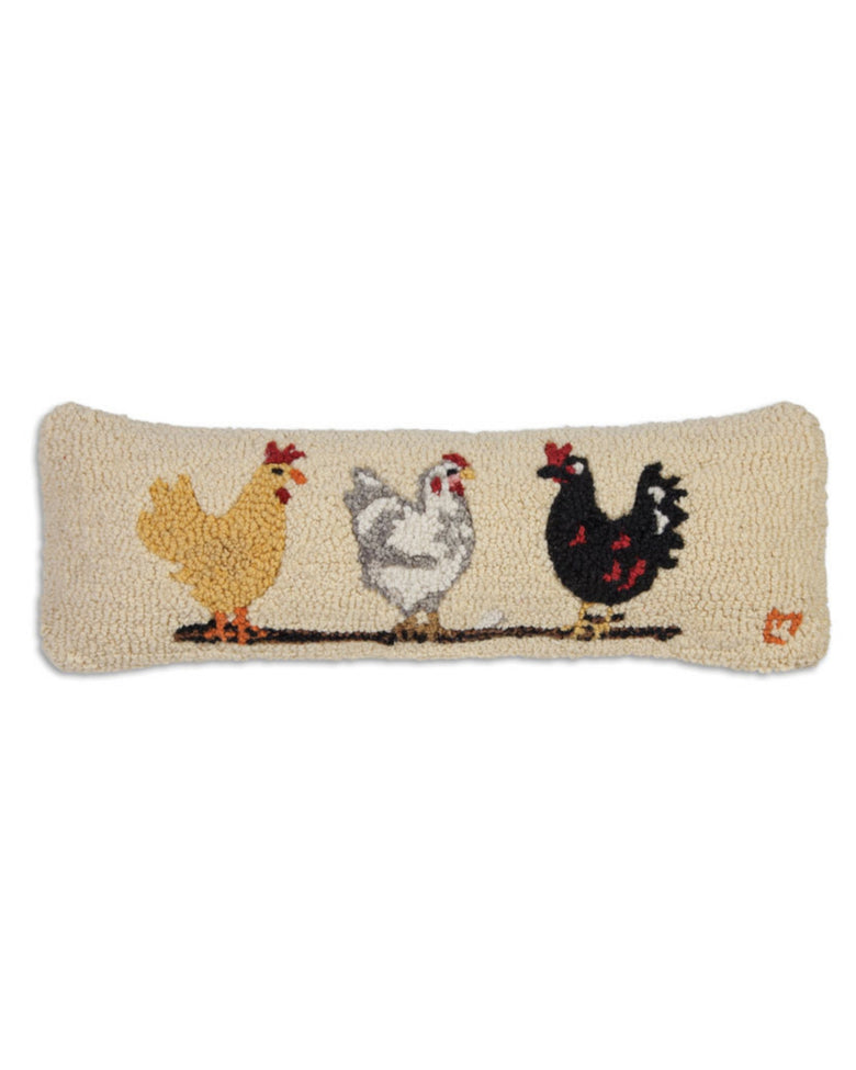Ivory rectangular pillow embroidered with three hens standing on a branch.