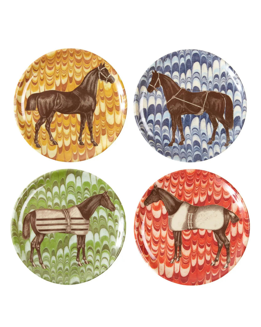 Set of four round equestrian coasters, each featuring a horse illustration on a different colored marbled background.