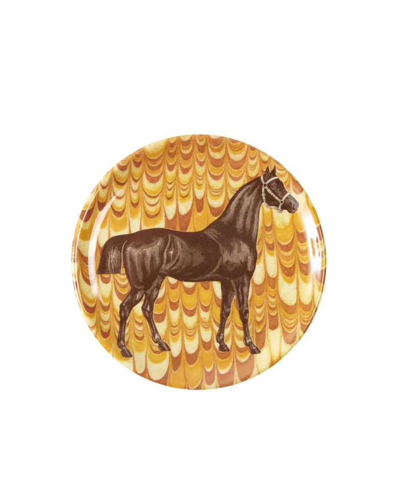 Round equestrian coaster featuring a standing dark horse on a yellow and orange marbled background.