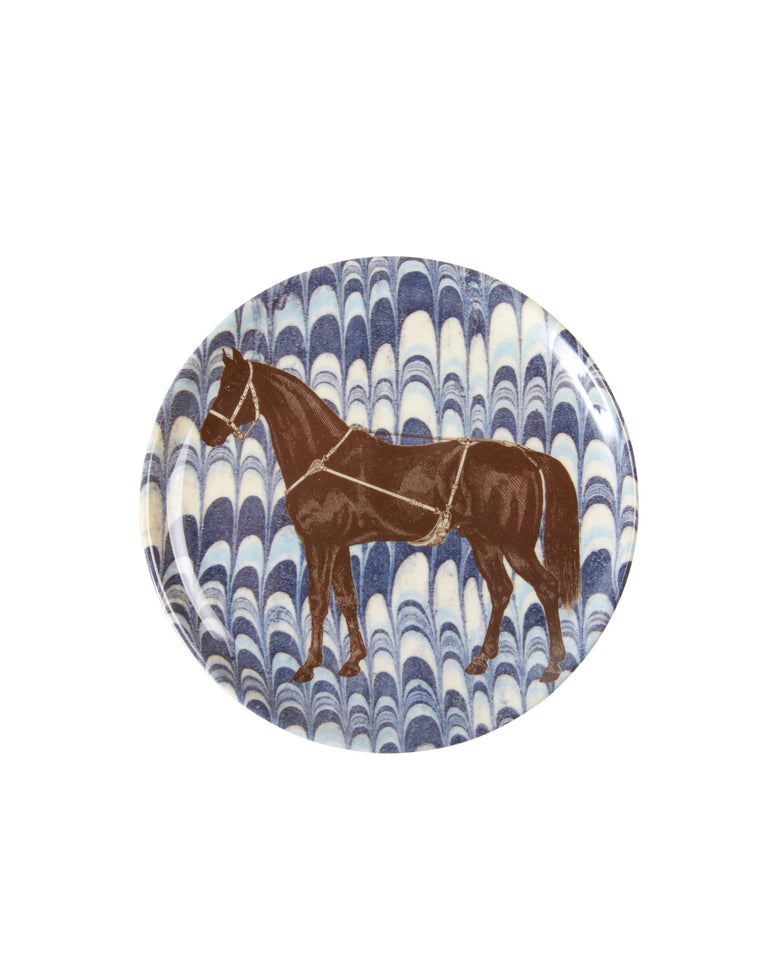 Round equestrian coaster featuring a brown horse with tack on a blue and white marbled background.