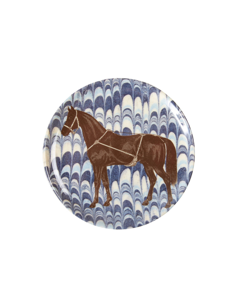 Round equestrian coaster featuring a brown horse with tack on a blue and white marbled background.