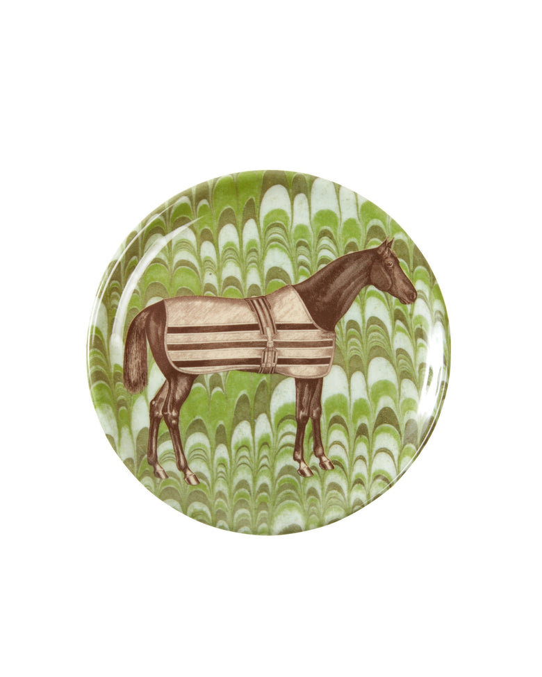 Round coaster with a brown horse illustration on a green marbled background