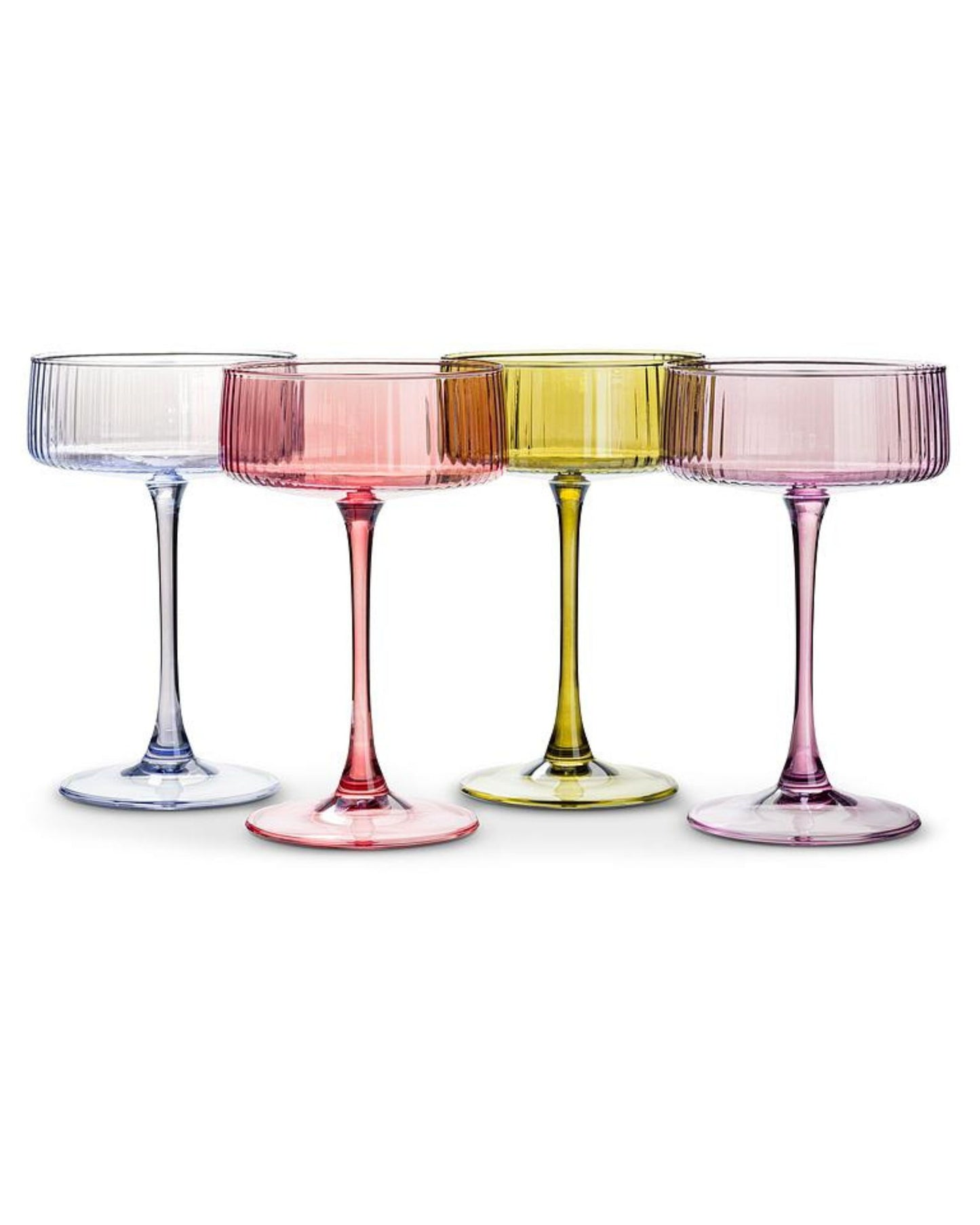 Four ribbed cocktail coupe glasses arranged side by side in clear blue, pink, yellow, and purple-pink.
