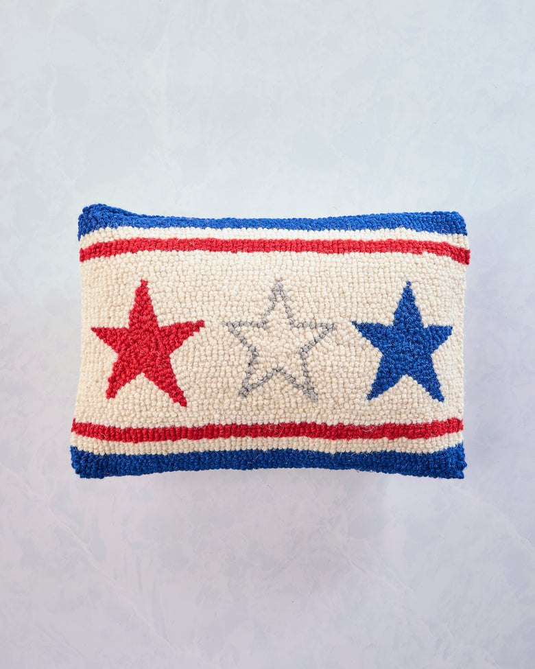 Front view of the Americana Stars USA lumbar pillow with red, gray, and blue stars between red and blue stripes.