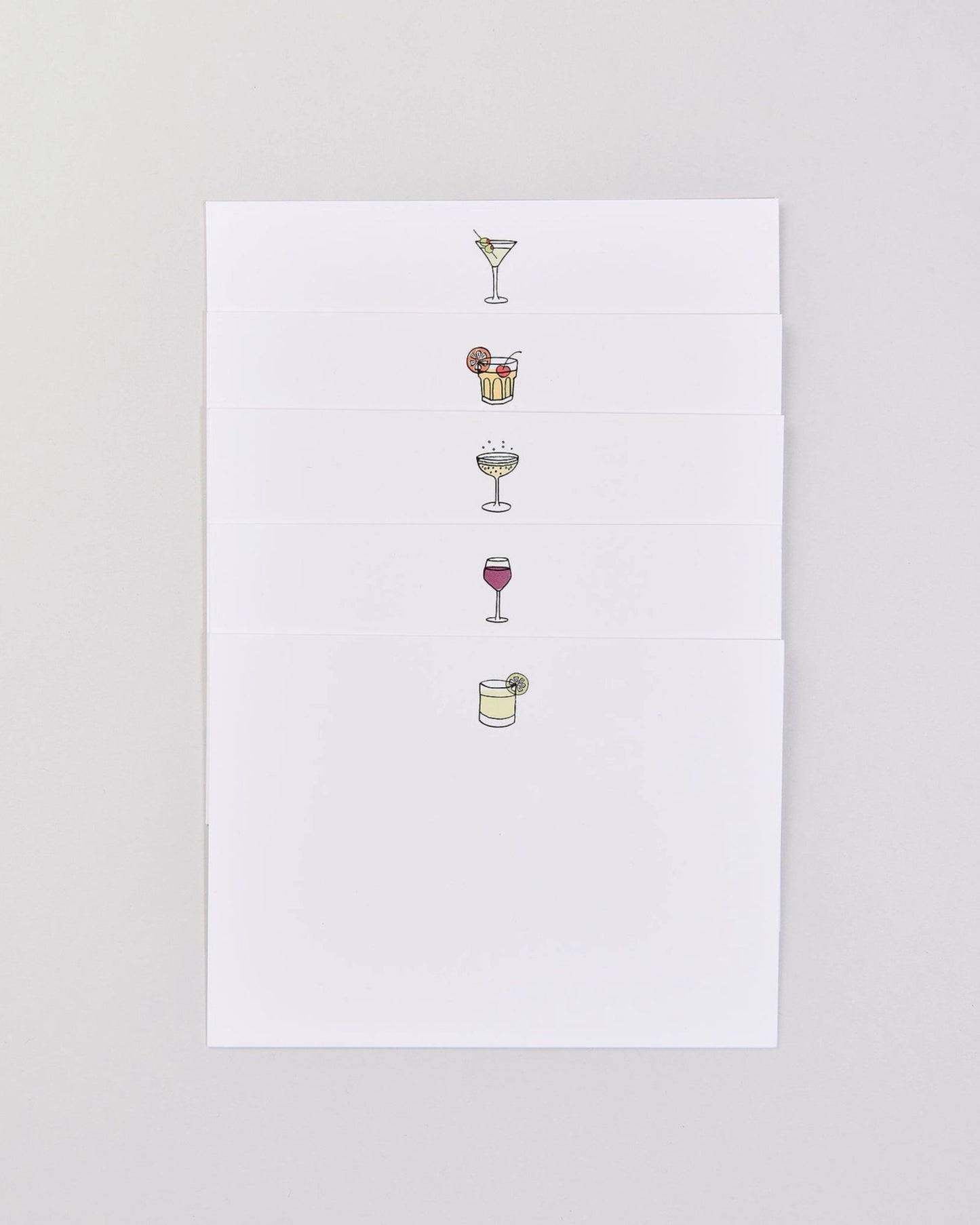 Five white notecards stacked vertically, each illustrated with a different cocktail glass or drink.