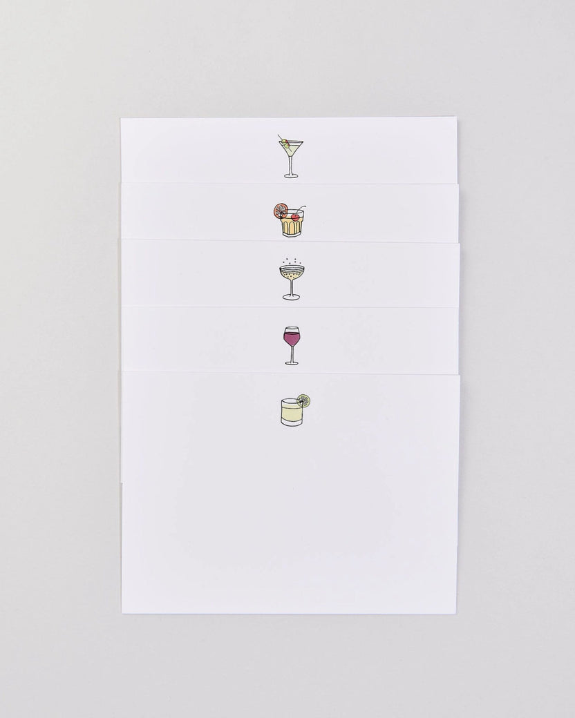 Five white notecards stacked vertically, each illustrated with a different cocktail glass or drink.