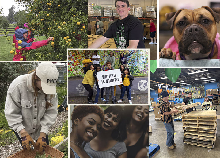 People, a dog, and scenes from Printfresh's sustainability and community efforts.